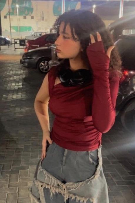 Red Shades Long Sleeves One Shoulder Drappe