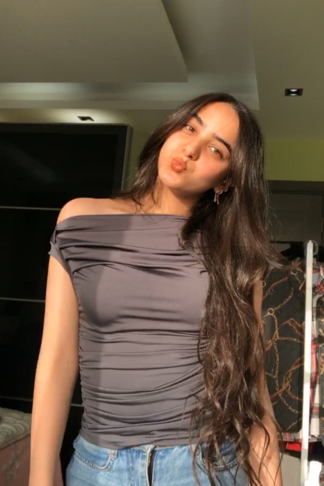 Grey Shades One Shoulder Drappe Top