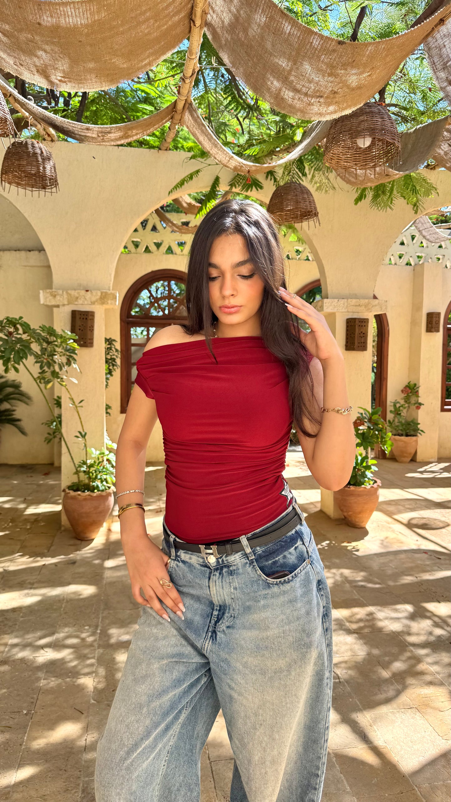 Red Shades One Shoulder Drappe Top