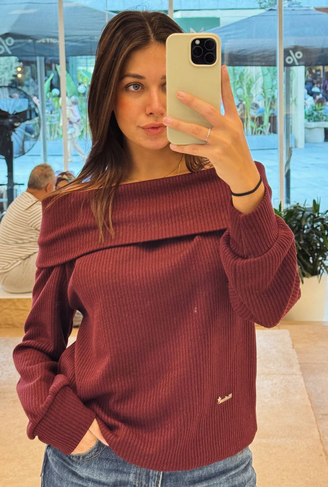 Burgundy Knitted off shoulder sweater