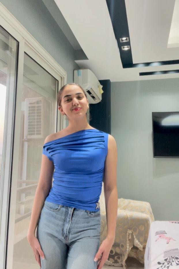 Blue Shades One Shoulder Drappe Top