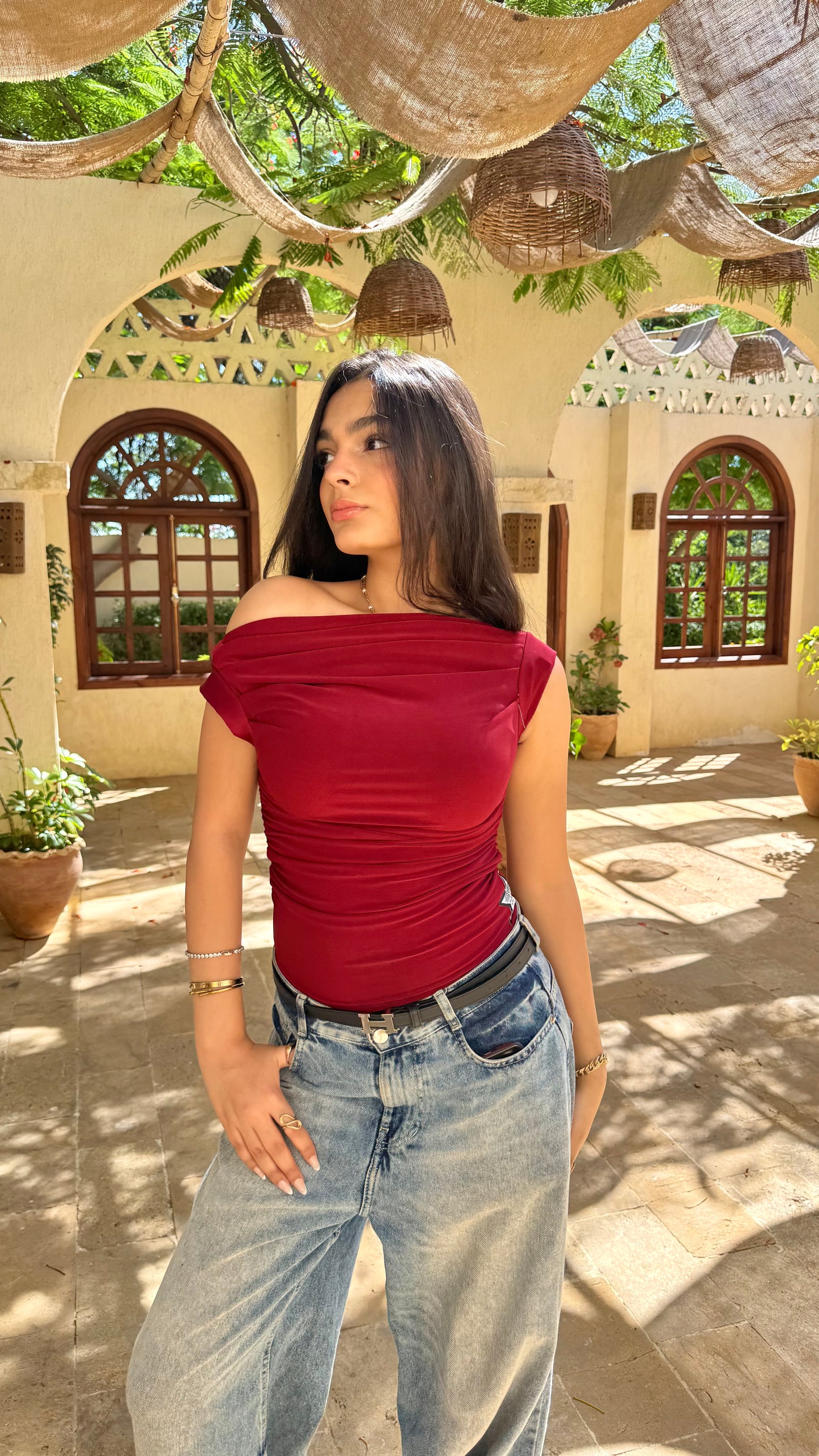 Red Shades One Shoulder Drappe Top