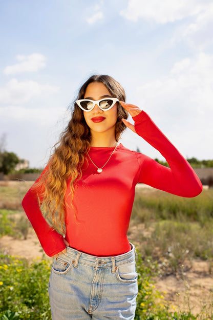 Red Shades Long Sleeves Round Top