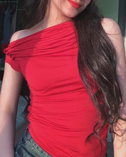 Red Shades One Shoulder Drappe Top