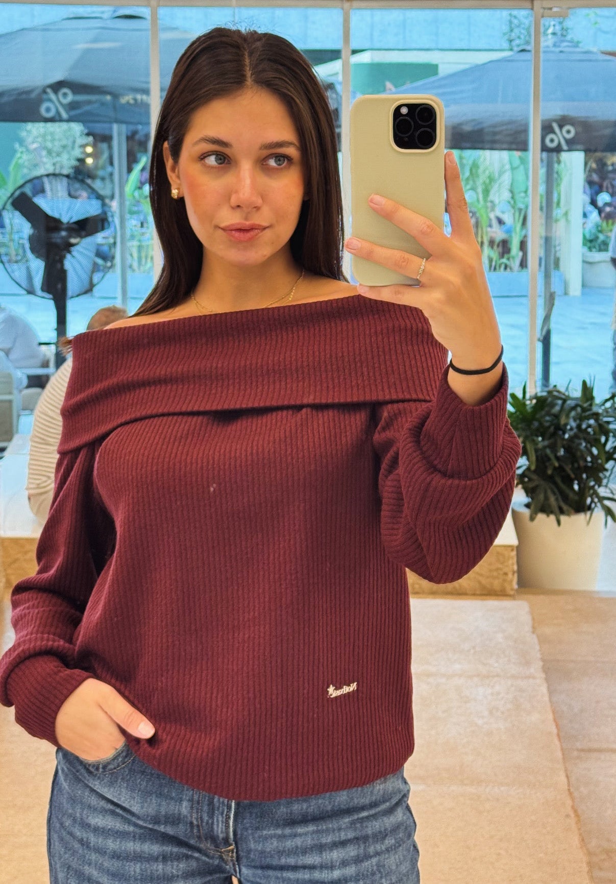 Burgundy Knitted off shoulder sweater