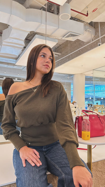 One-shoulder corset knit sweater