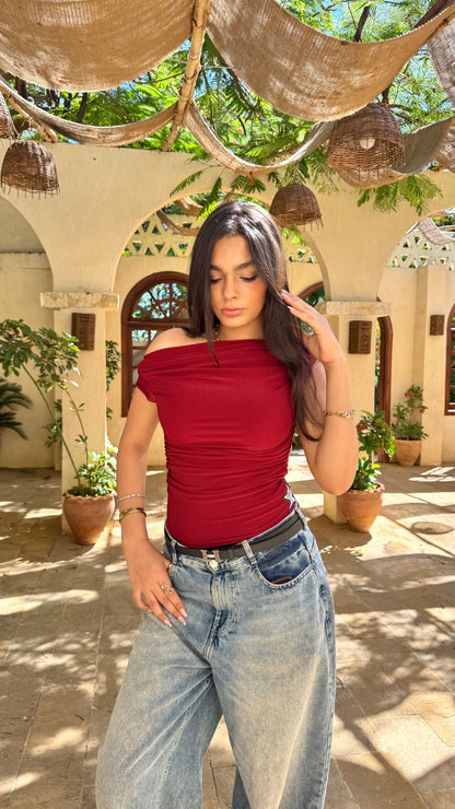 Red Shades One Shoulder Drappe Top