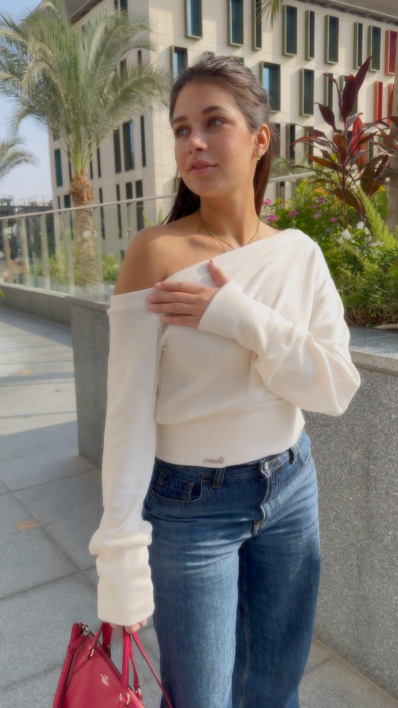 One-shoulder corset knit sweater