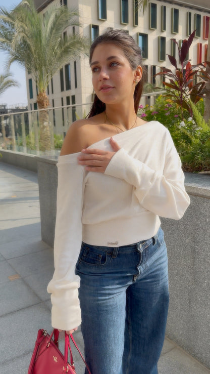 One-shoulder corset knit sweater