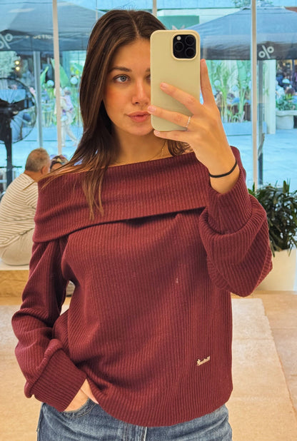 Burgundy Knitted off shoulder sweater