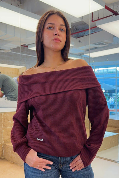 Burgundy Knitted off shoulder sweater