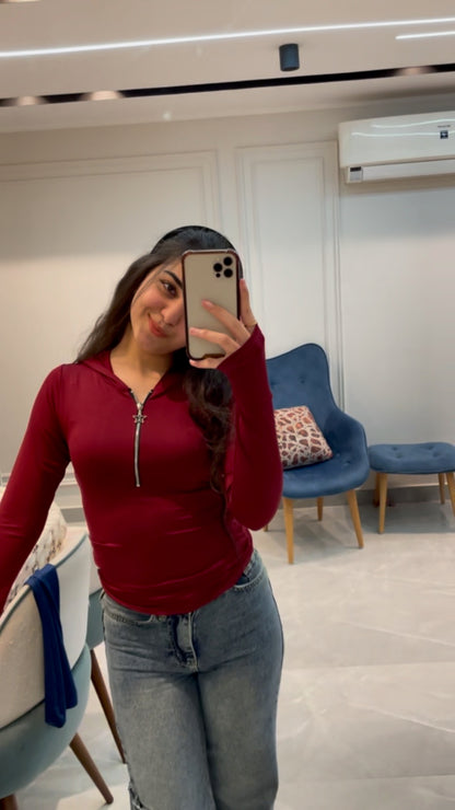 Hooded zip-up top