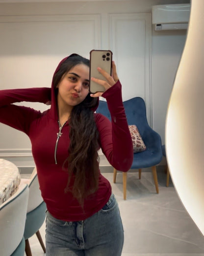 Hooded zip-up top