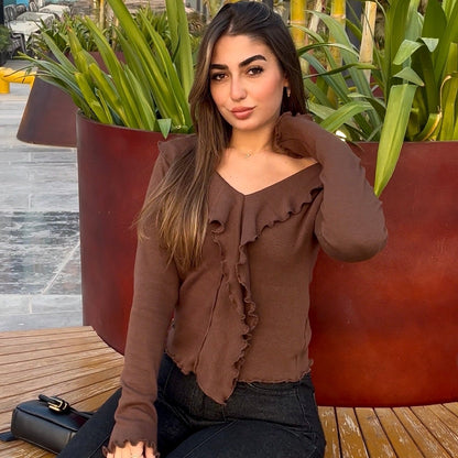 Off-shoulder Ruffled knit top