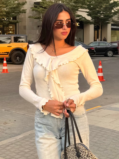 Off-shoulder Ruffled knit top