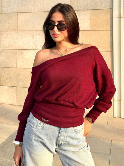 One-shoulder corset knit sweater