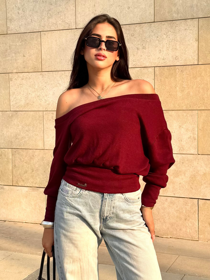 One-shoulder corset knit sweater