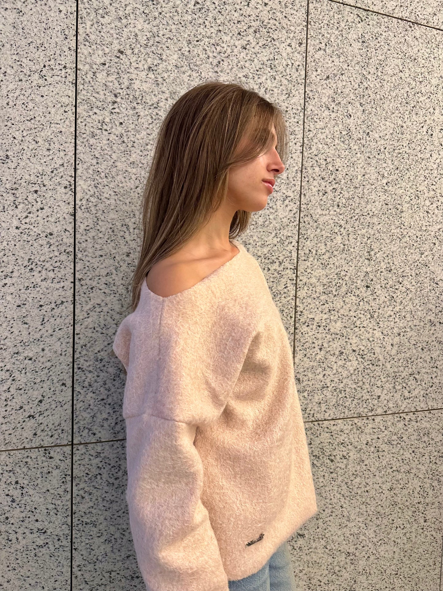 One Shoulder Fleece-Mohair Sweater